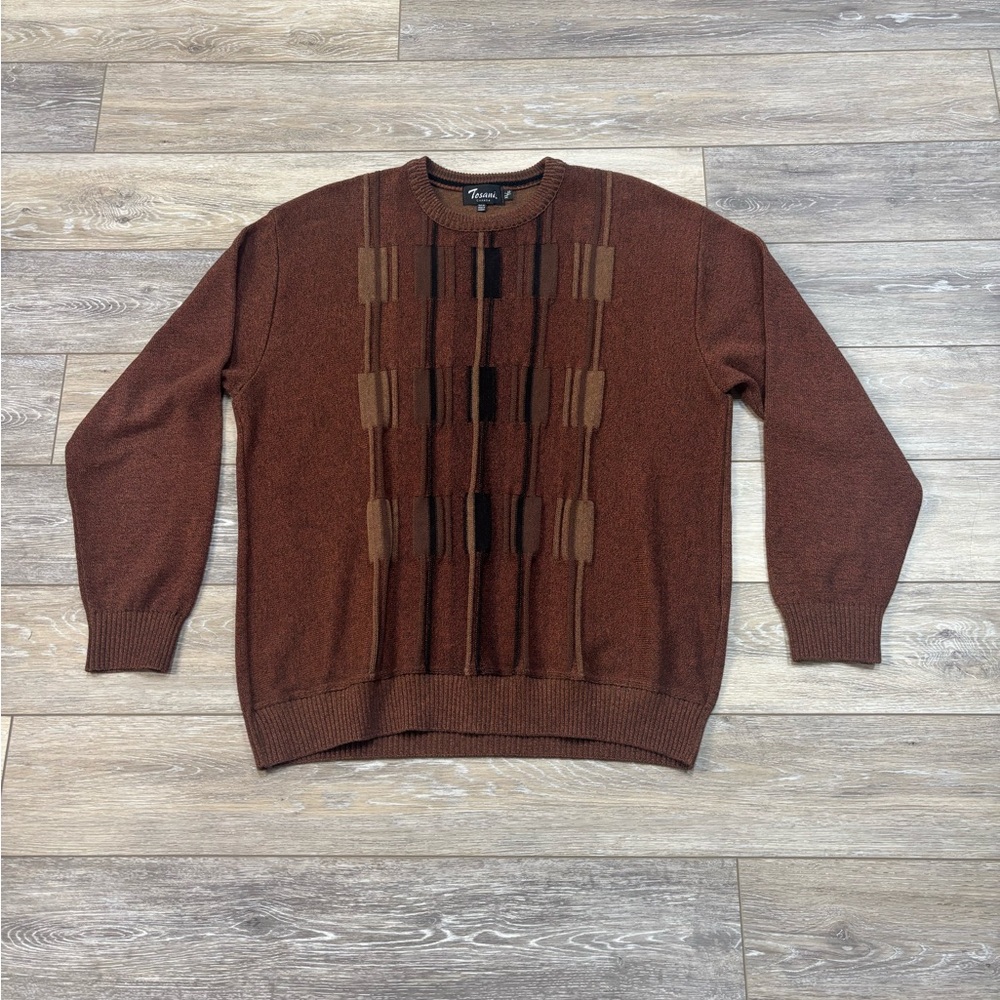 Tosani Canada Sweater Sz XL Brown Vtg 80s 90s Cotton 3D Knit Dad Grandpacore